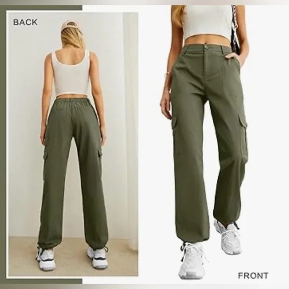 NWT-Lepunuo women's high-waisted, baggy, army green cargo pants - Picture 2 of 11